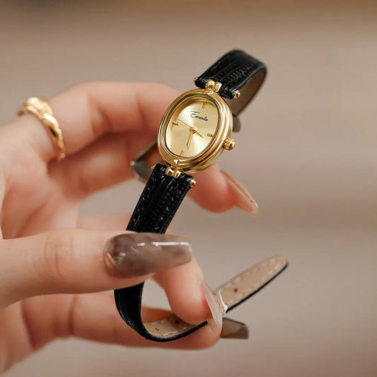 Montre Femme Dorée avec Bracelet en Cuir Classique