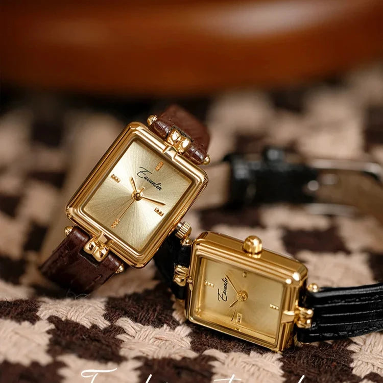 Montre Femme Dorée avec Bracelet en Cuir Classique